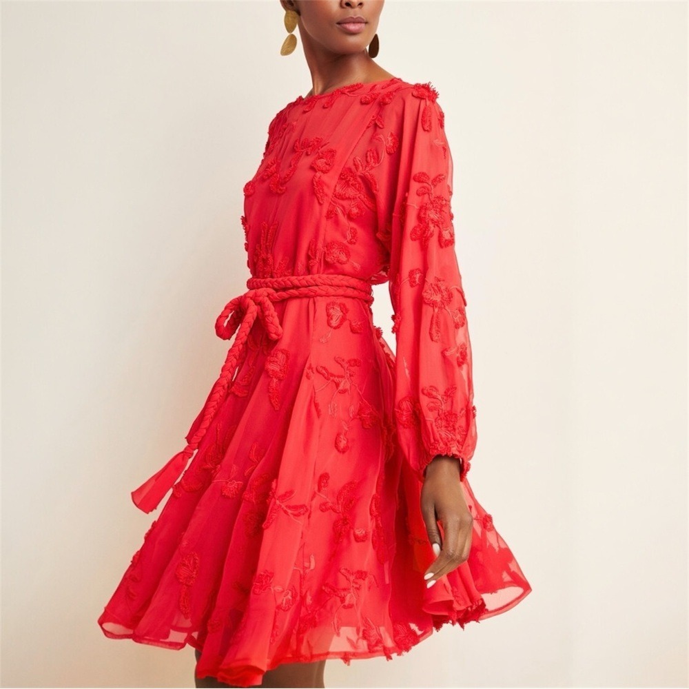 Anthropologie Mare‎ Mare Amal Puff Sleeve Textured Floral Mini Dress Red Size XS